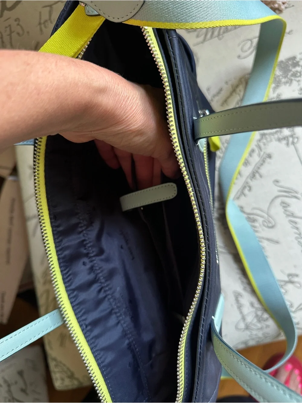 kate spade Navy Shoulder Tote with Mint Handles and Yellow Trim